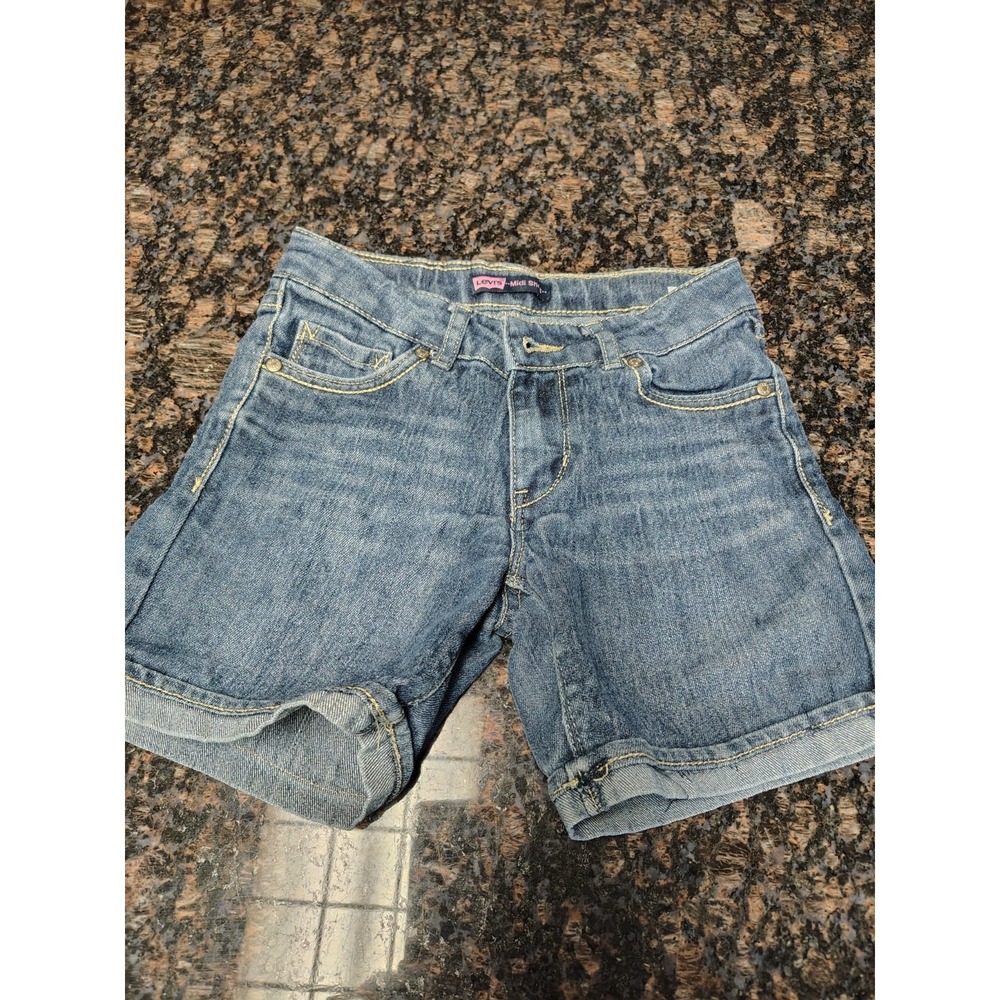 Levi's Midi Denim Jean Shorts Girls Sz 10 Reg Dark Blue Zip Fly Stretch Roll Up